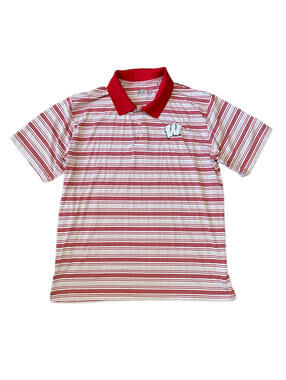 Russell Athletic Wisconsin Badgers White Red Striped Polo Shirt Men’s Size XL